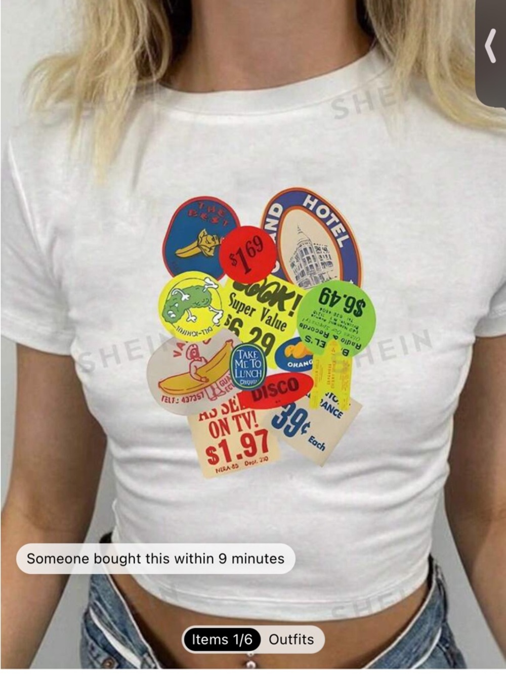 White Crop Tee with Colorful Grocery Sticker Graphic
